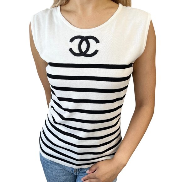 CHANEL Vintage 1994 CC Logo Striped Sleeveless Top #40 Tank White